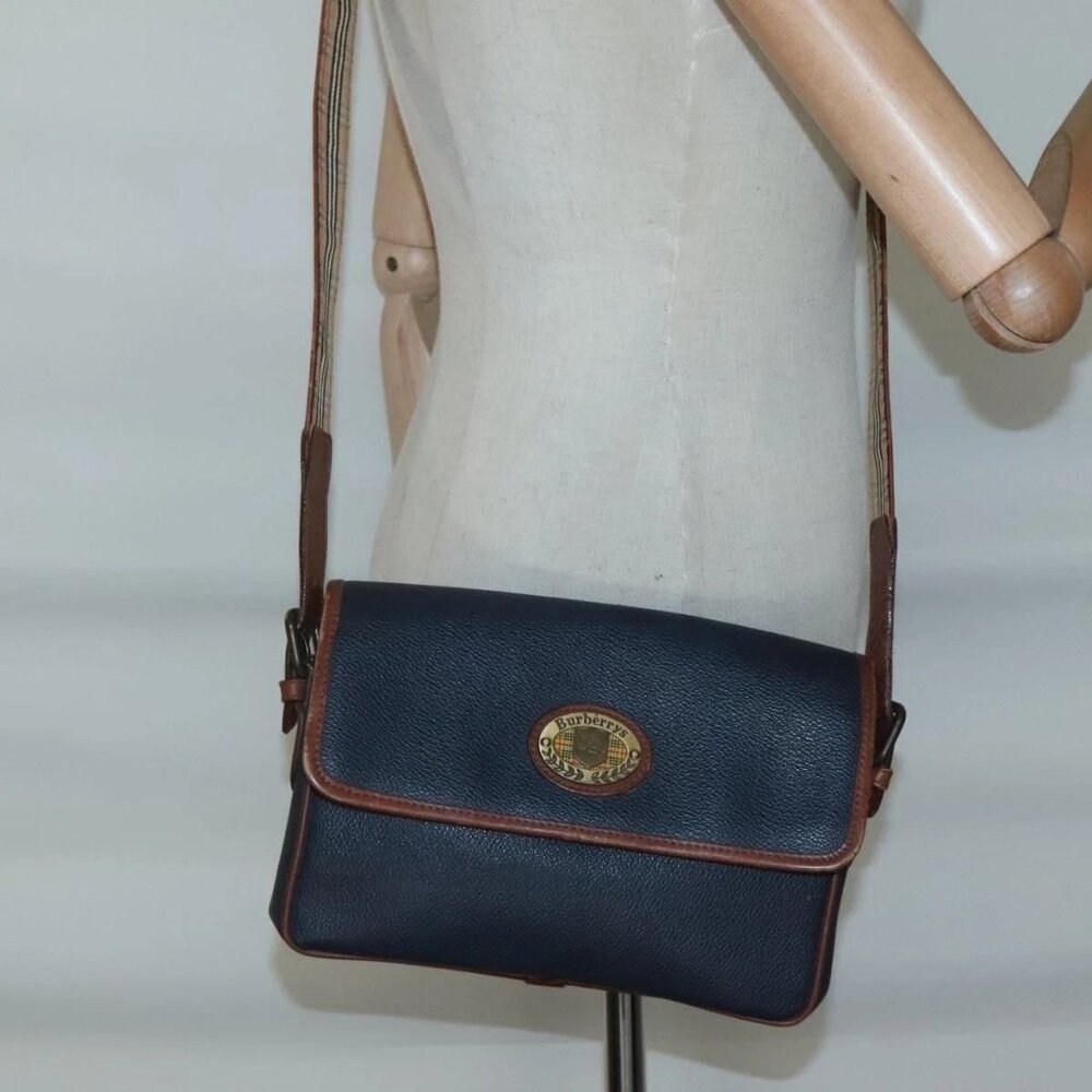 Burberrys Shoulder Bag Leather PVC Navy Gold Auth bs28989